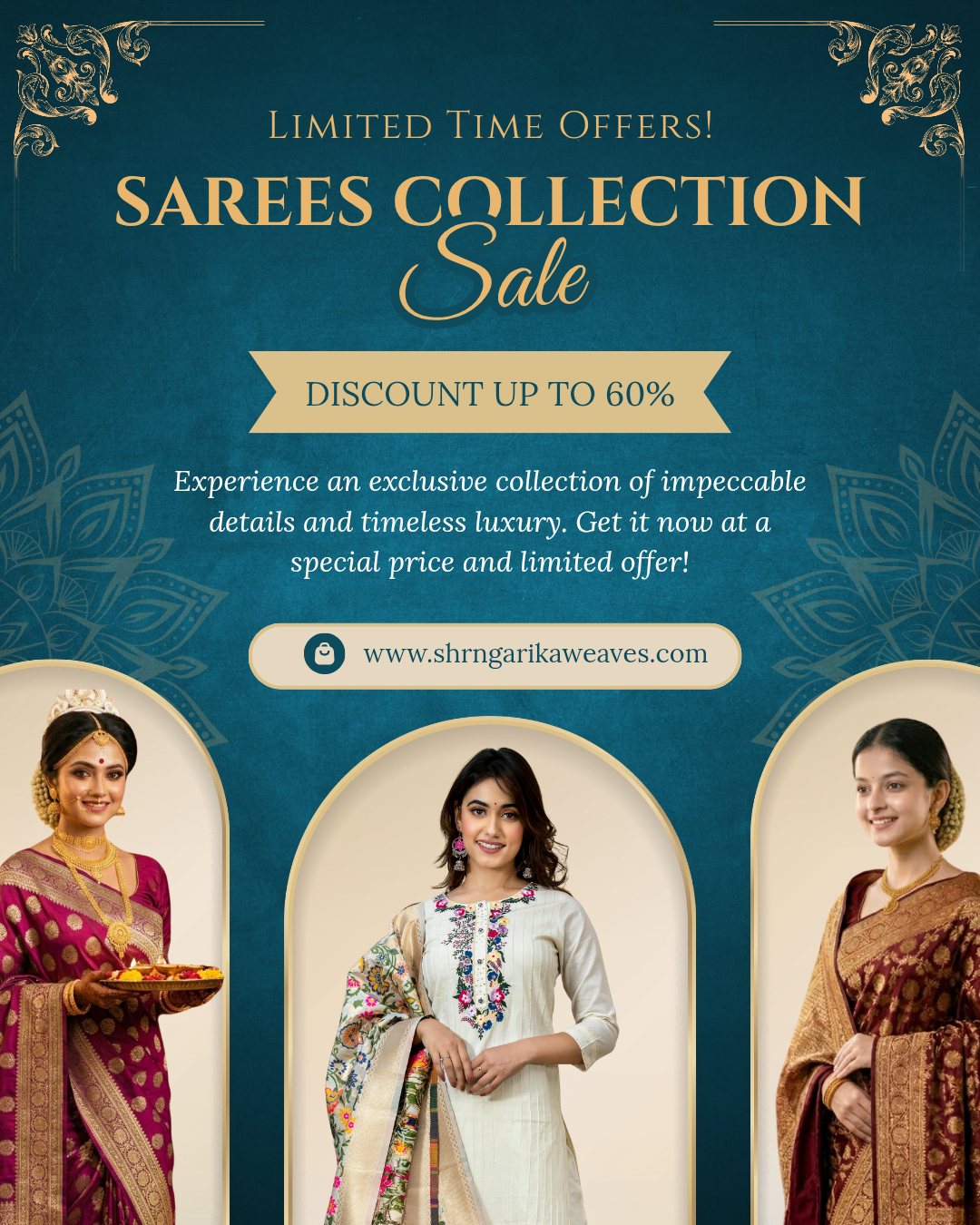 teal and gold elegant sarees collection sale promotion instagram post 20260430 212503 0000