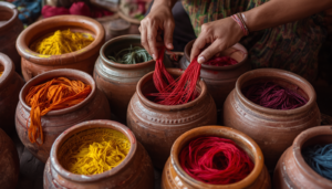 skilled artisan hands dyeing silk threads in traditional natural dyes, vibr 20260519 132702 0000