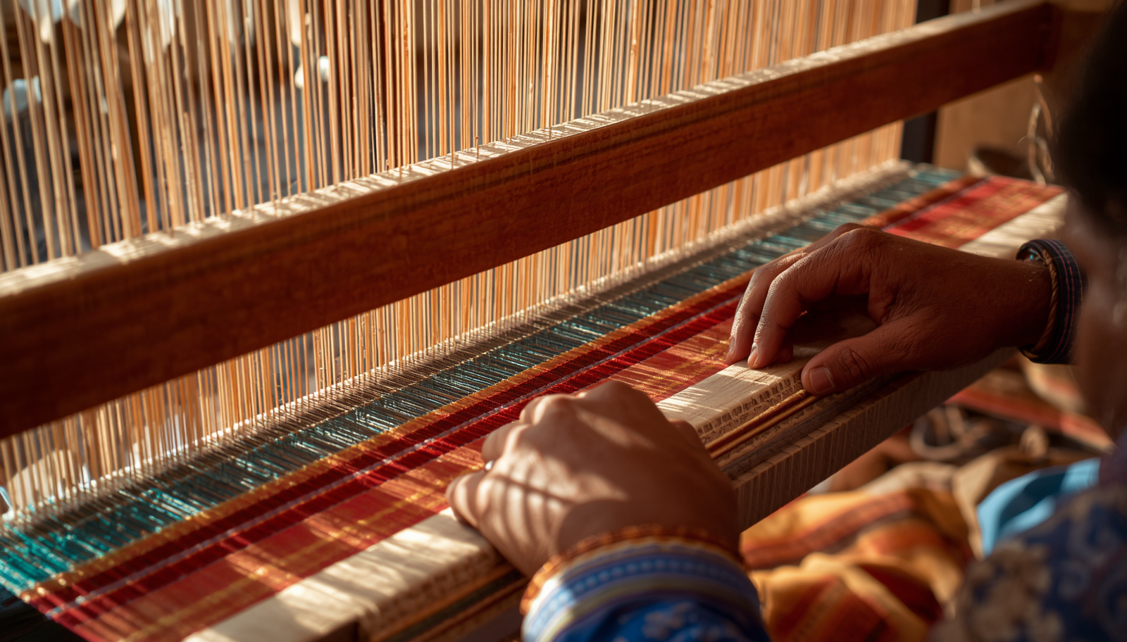 traditional indian handloom weaving, skilled artisan hands working on woode 20260519 132534 0000
