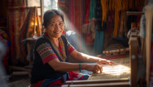 Home woman artisan smiling while working on handloom, joyful craftsmanship, trad 20260519 133116 0000